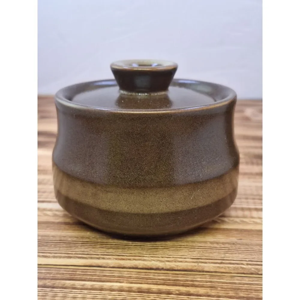 Vintage Three Tone Brown Stoneware‎ Covered Sugar and Creamer Set